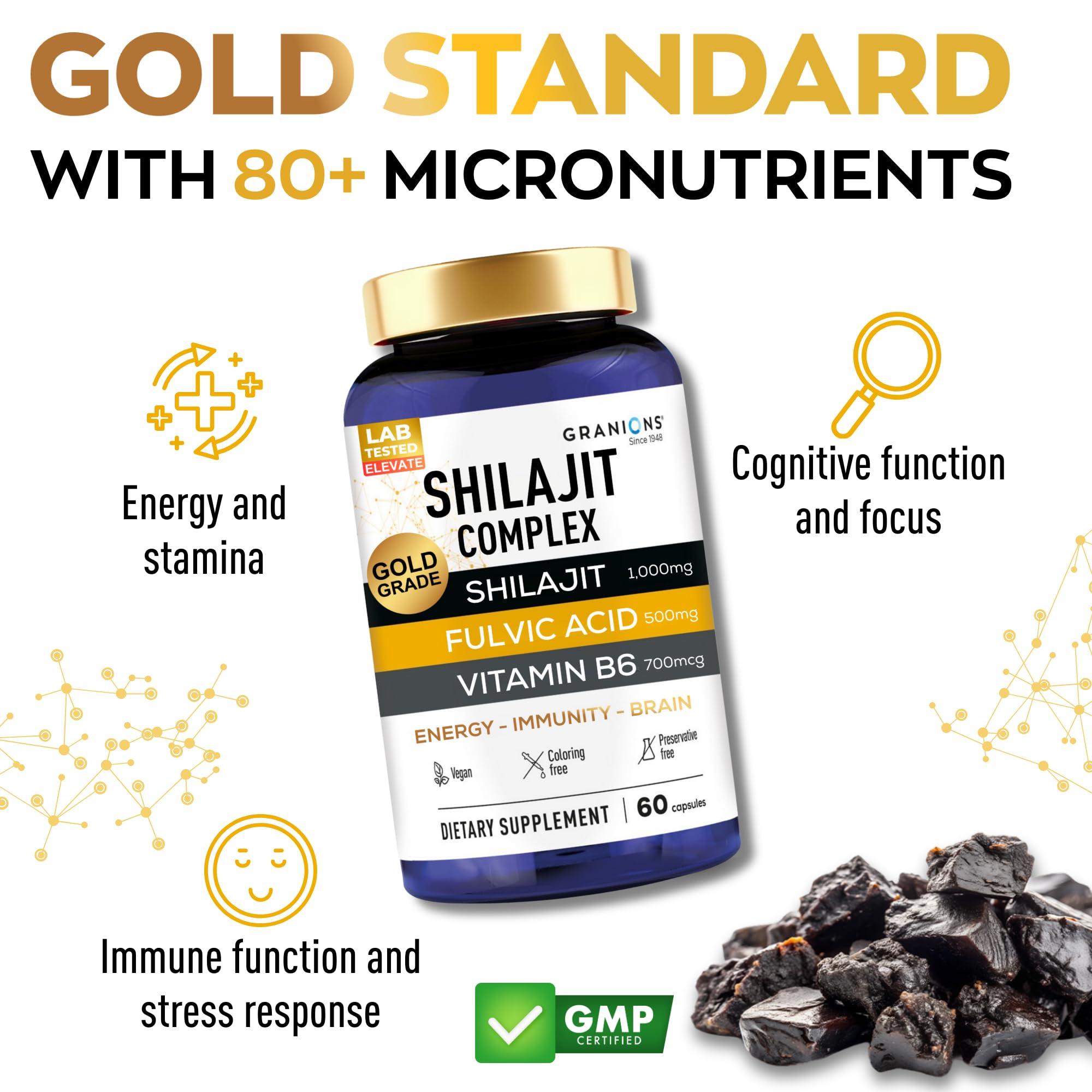 Granions Shilajit fulvic ácido cápsulas para vitalidad y claridad mental