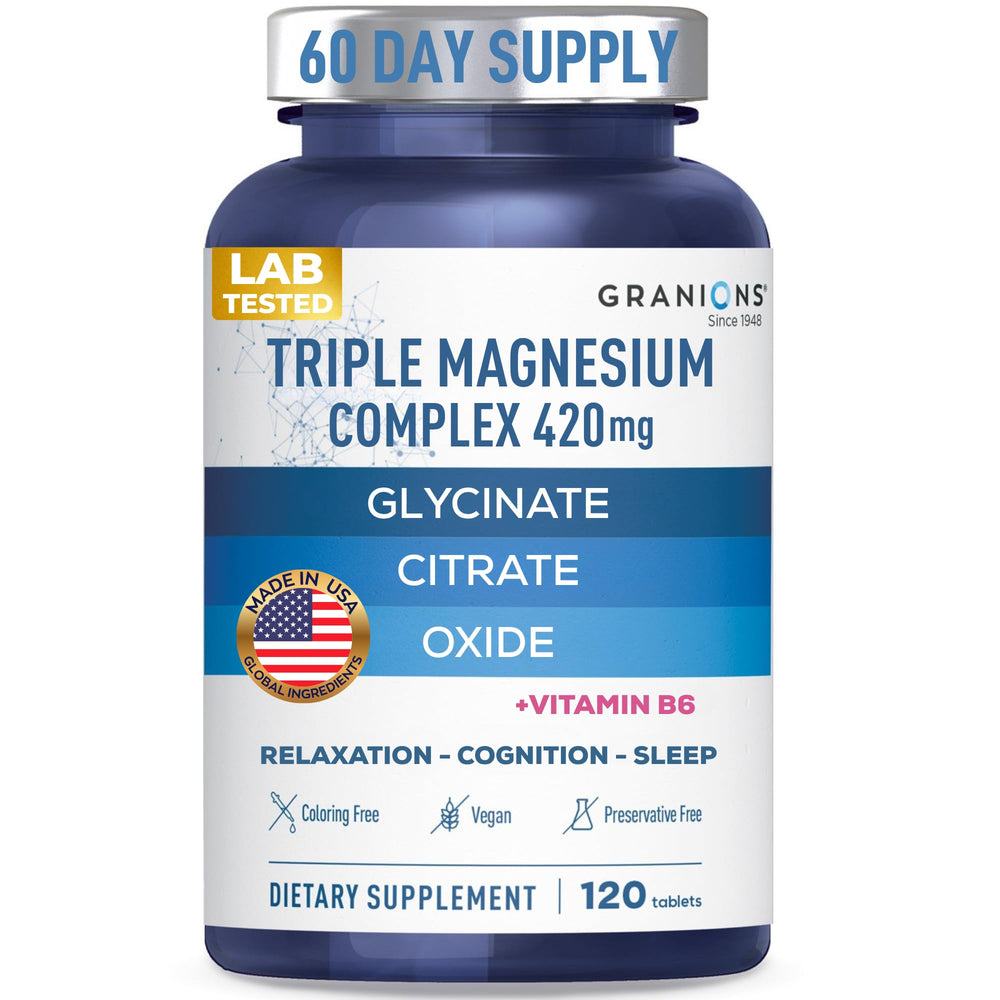 Granions Triple Magnesium Complex - botella con etiqueta clara, apoyo posible para sueño y energía.