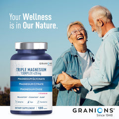 Granions Triple Magnesium Complex - detalle de 420 mg por dosis en la etiqueta.