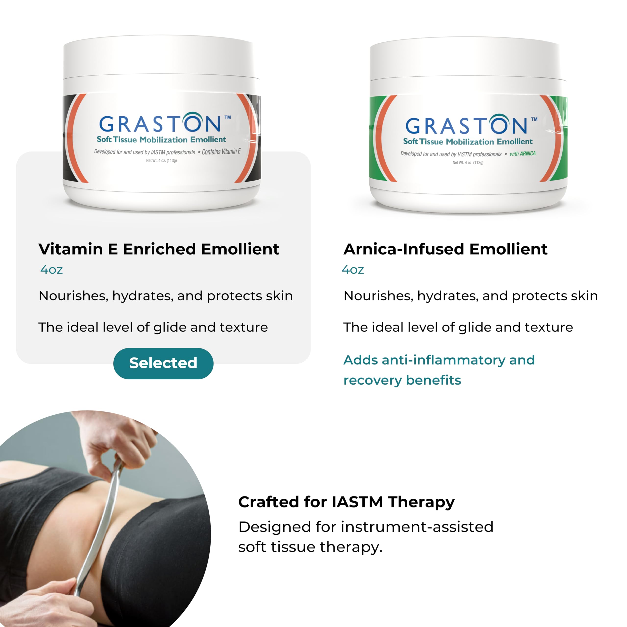 Graston envase de 4oz junto a una mano para comparar escala y control de dosis