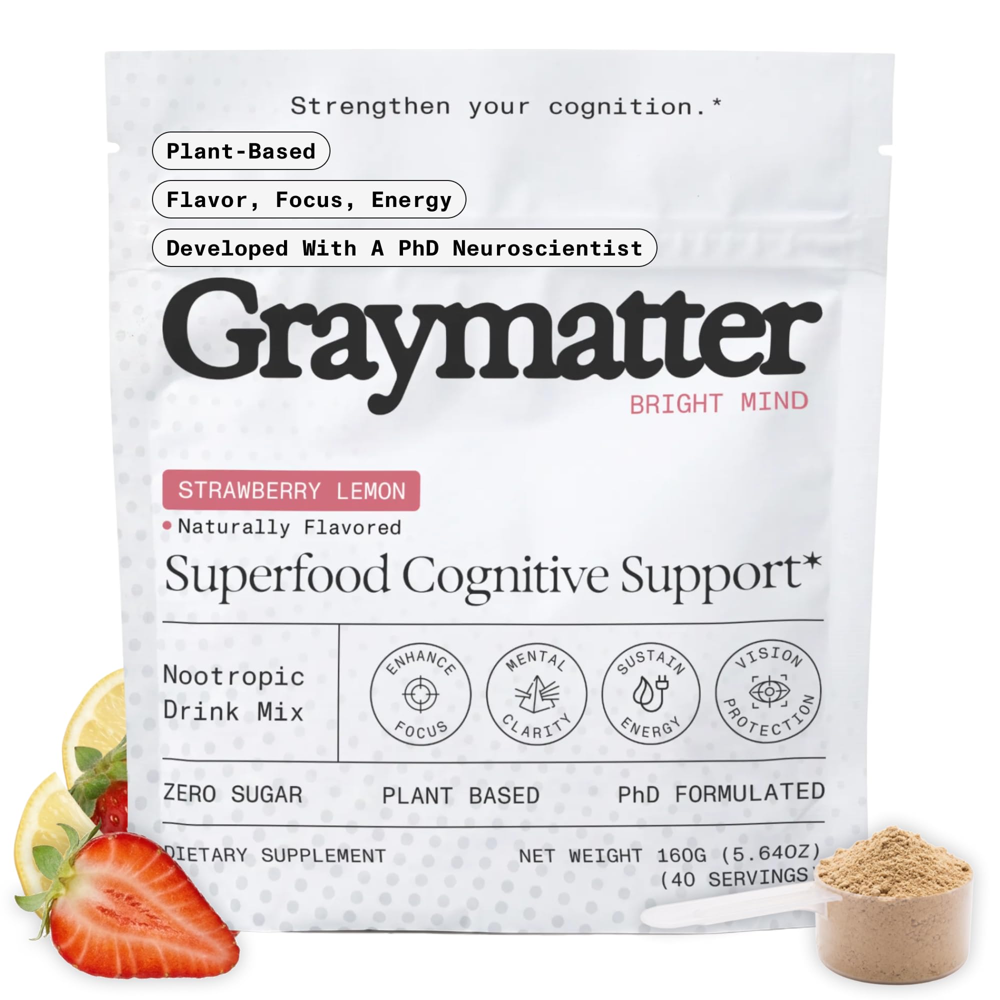 Graymatter envase frontal Bright Mind fresa limón mostrando diseño y 40 porciones, fácil identificación