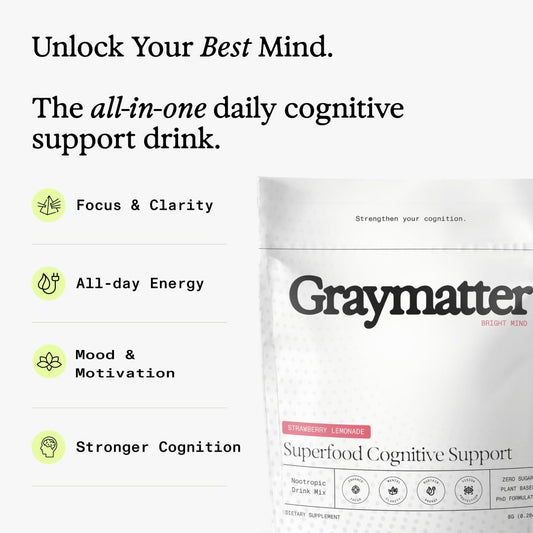Graymatter polvo cerca revelando textura fina y mezcla sin aditivos artificiales, disolución rápida
