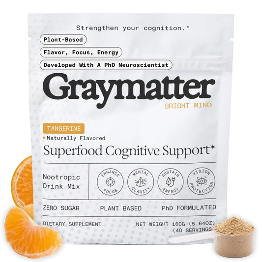 Graymatter envase frontal tangerina mostrando diseño y 40 porciones para claridad