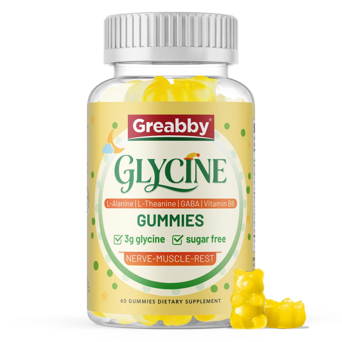 GREABBY frasco Glycine Gummies frontal mostrando presentación y beneficio relajante