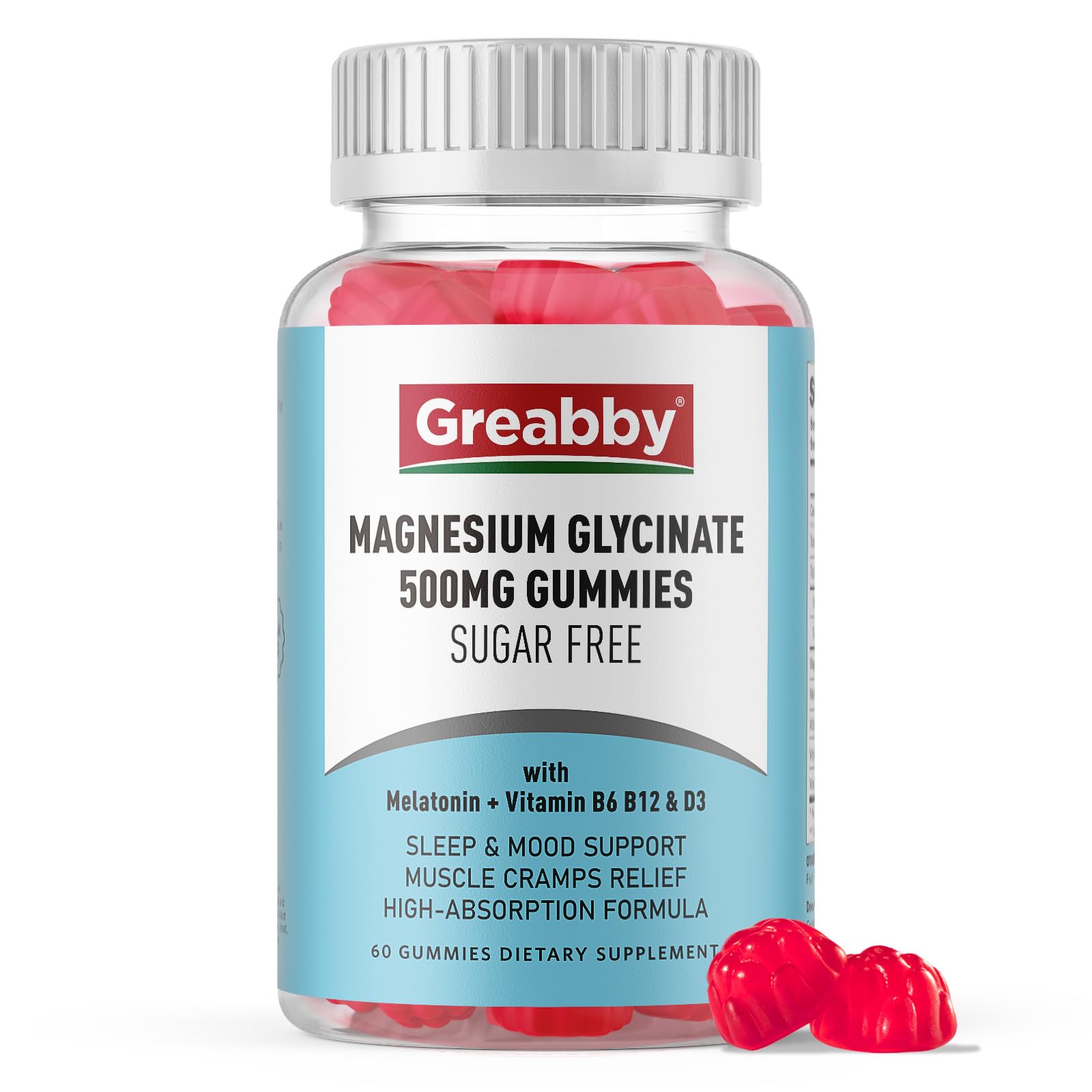 Greabby frente del empaque mostrando 60 gomitas y beneficios
