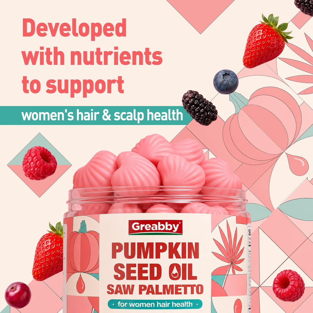Ingredientes naturales: aceite de semilla de calabaza GREABBY y saw palmetto en foco
