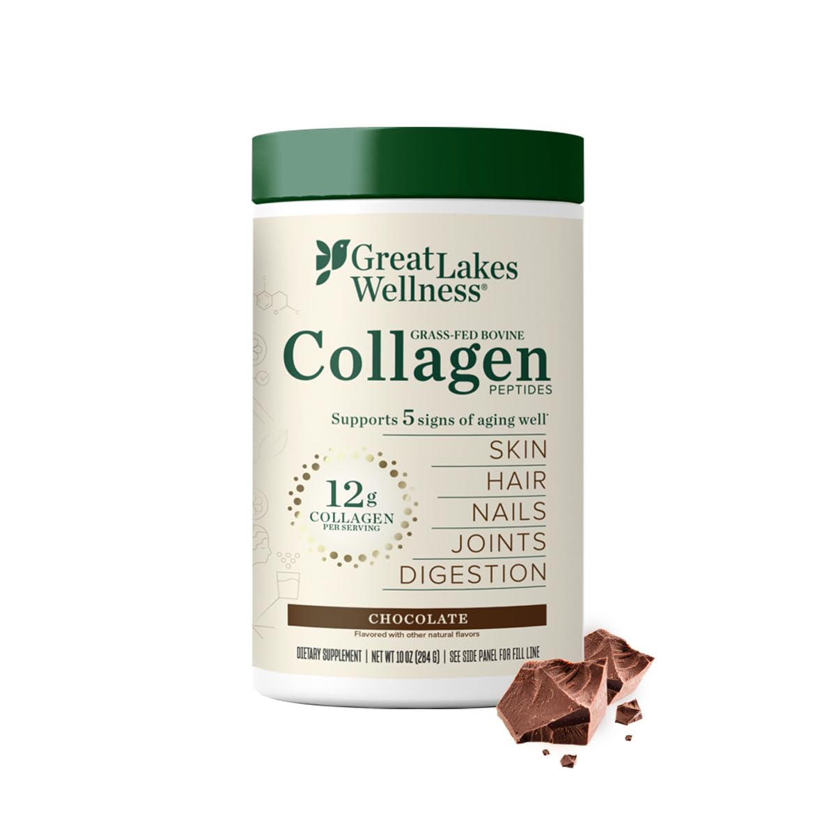 Great Lakes Gelatin bote frontal mostrando sabor chocolate y ventaja práctico