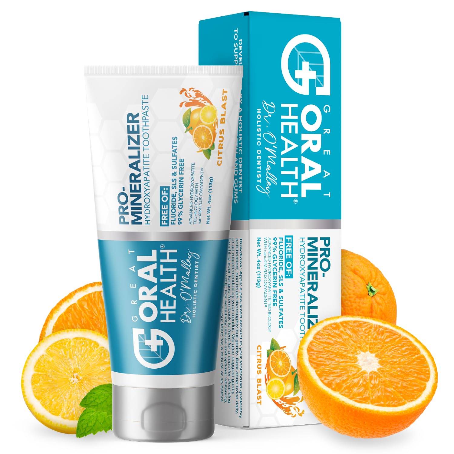 Great Oral Health frente del tubo Citrus Blast muestra diseño y formato práctico