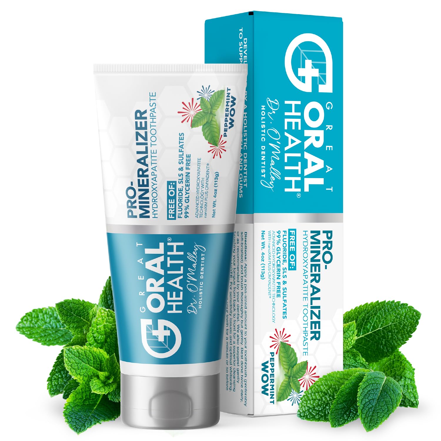 Great Oral Health frontal del tubo mostrando la marca y el beneficio remineralizante