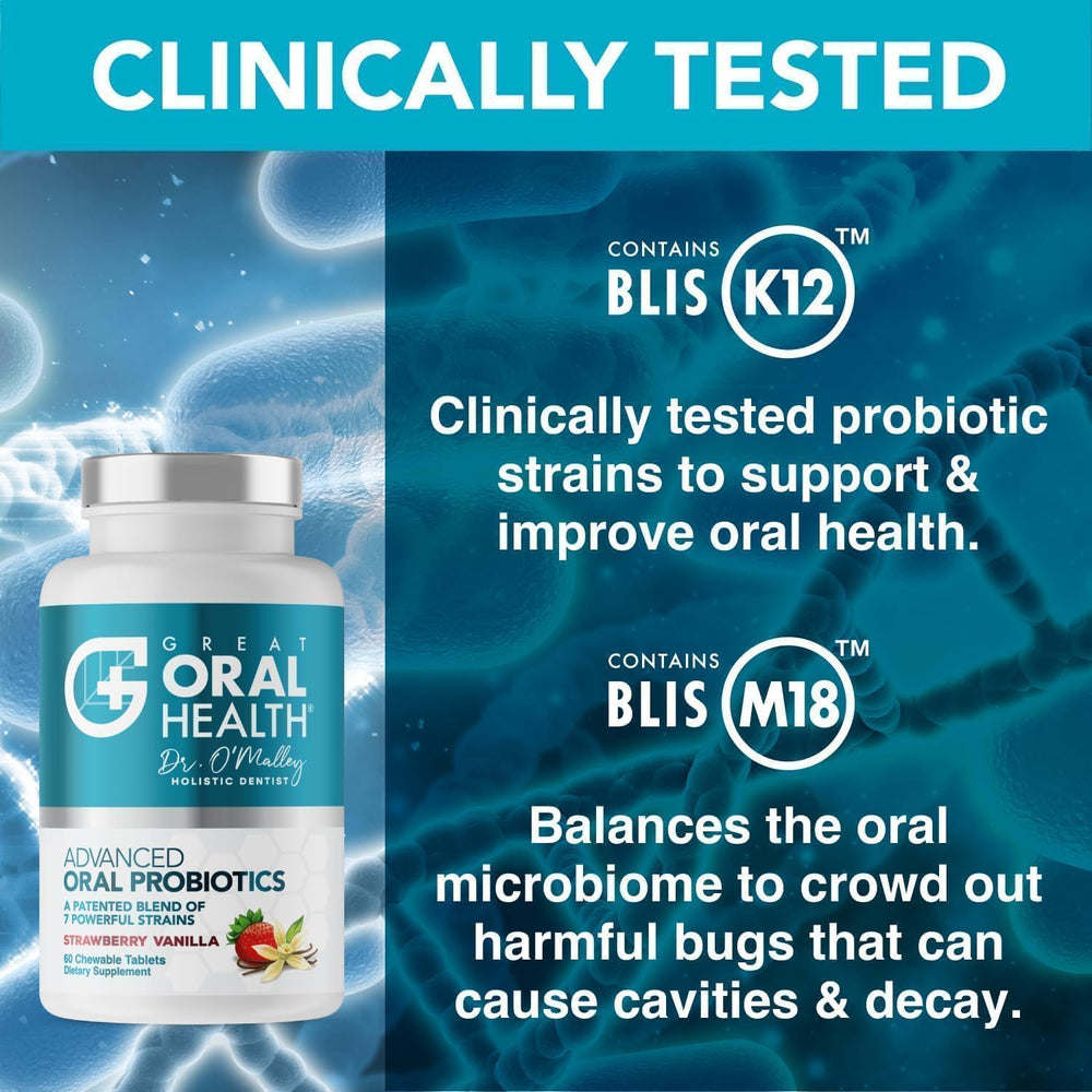 Great Oral Health etiqueta con BLIS K12 y BLIS M18 destacando ingredientes