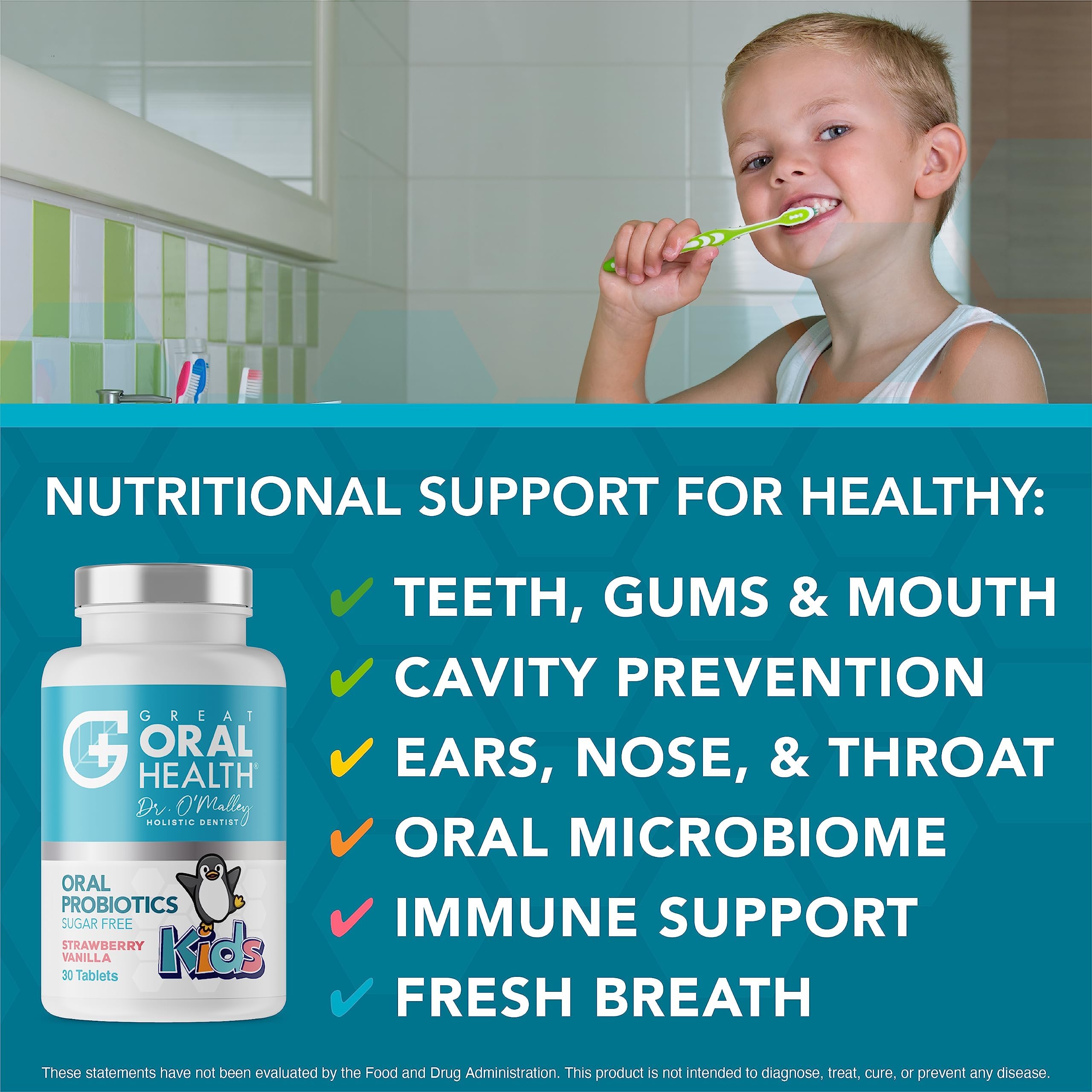 Great Oral Health niño masticando tableta ofreciendo aceptación y facilidad
