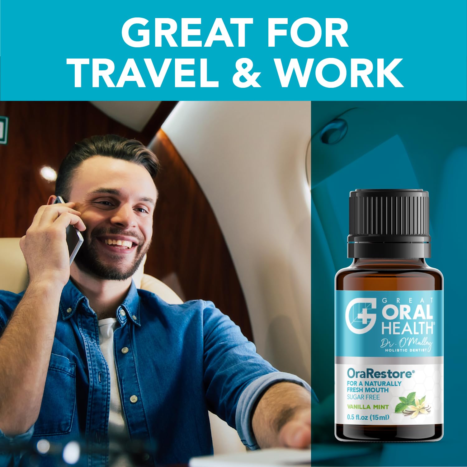 Great Oral Health comparación de tamaño 15 ml OraRestore junto a moneda para escala