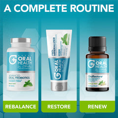 Great Oral Health persona masticando tableta en rutina matutina fresca