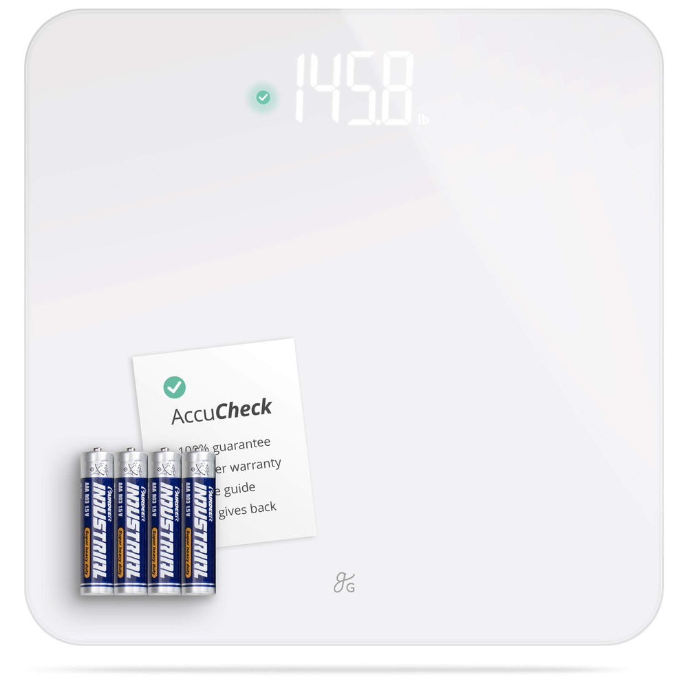Greater Goods báscula AccuCheck frontal blanco, diseño elegante y discreto