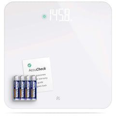 Greater Goods báscula AccuCheck frontal blanco, diseño elegante y discreto