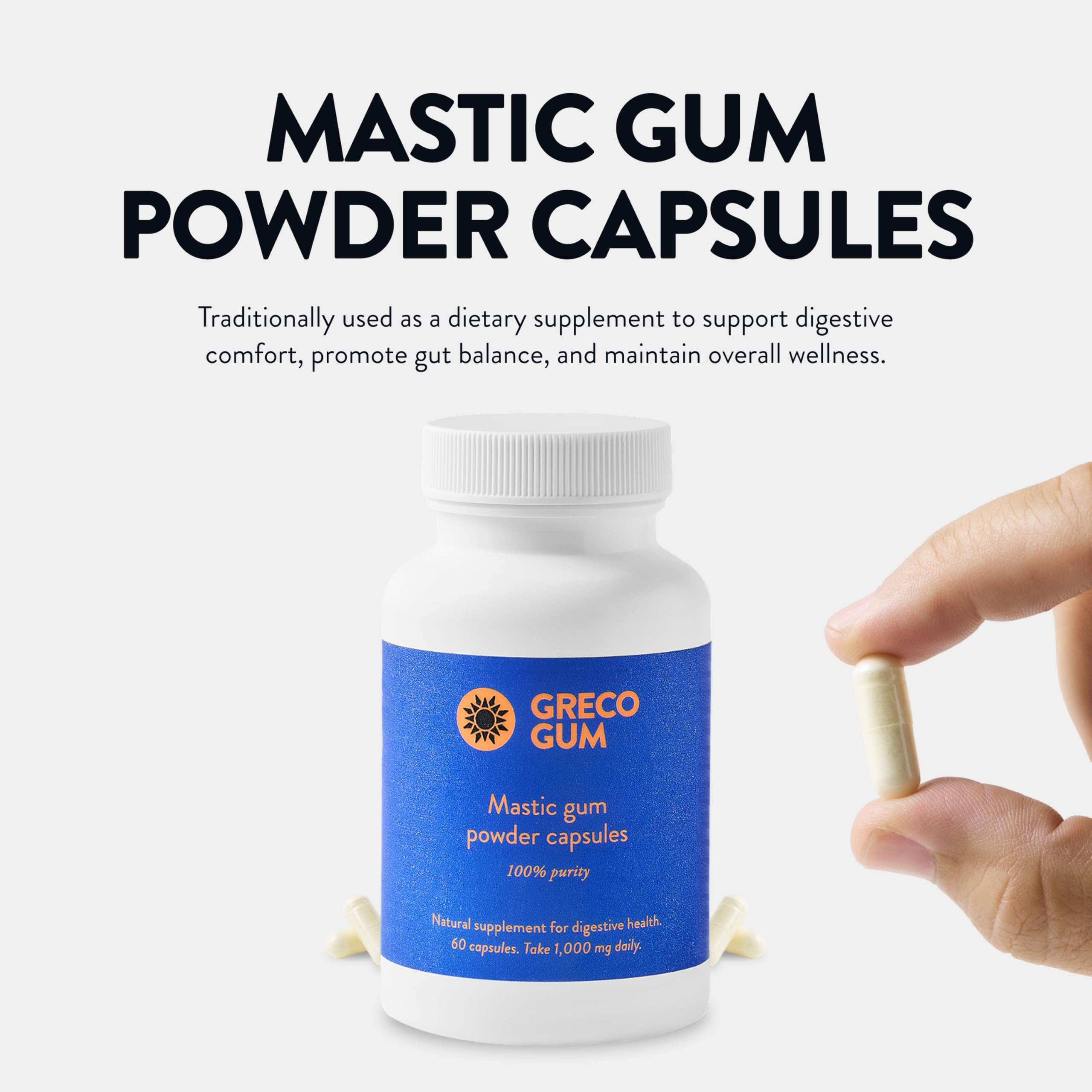 Greco Gum cápsulas en primer plano, fácil de tomar y sin sabor