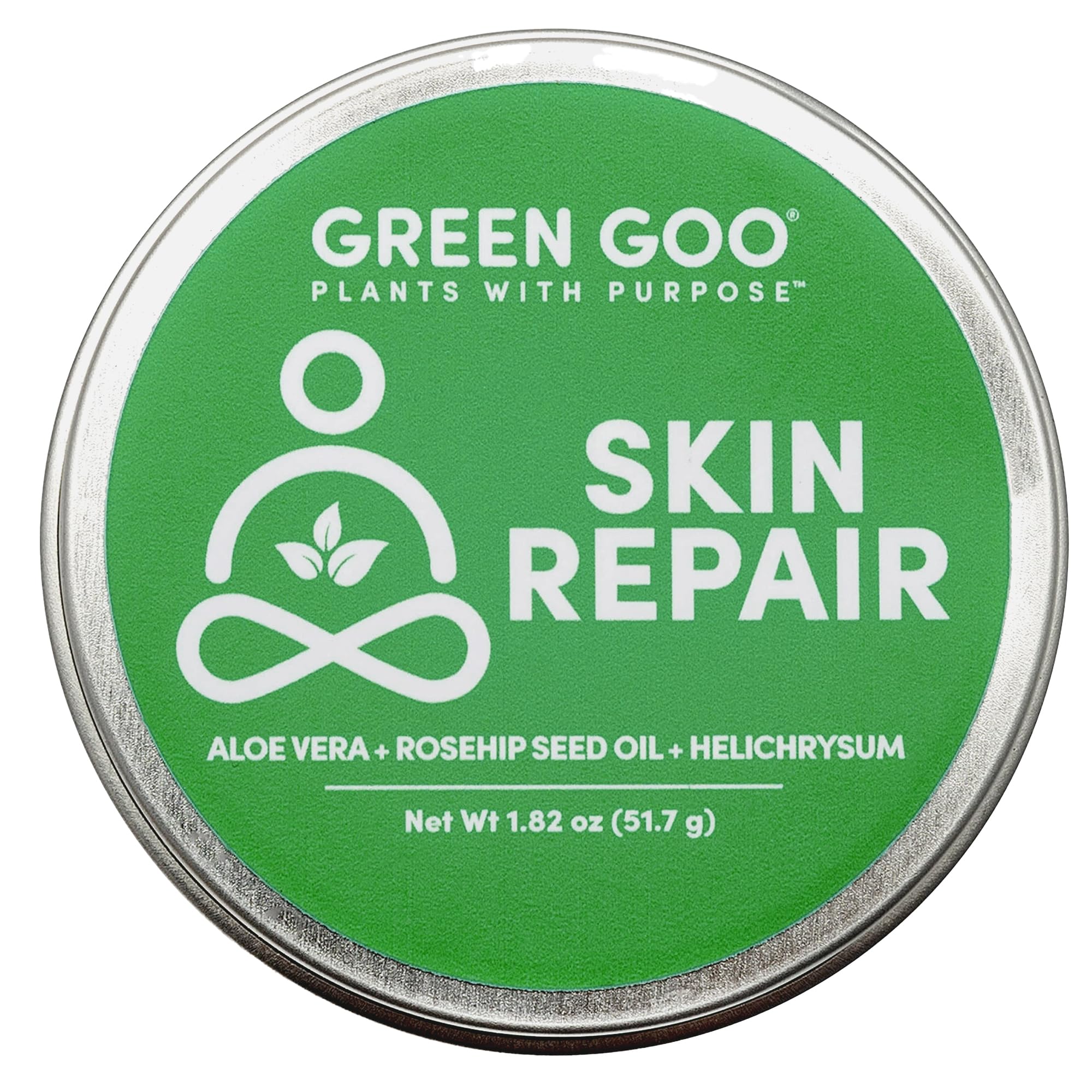 Green Goo envase frontal mostrando el bálsamo y beneficios