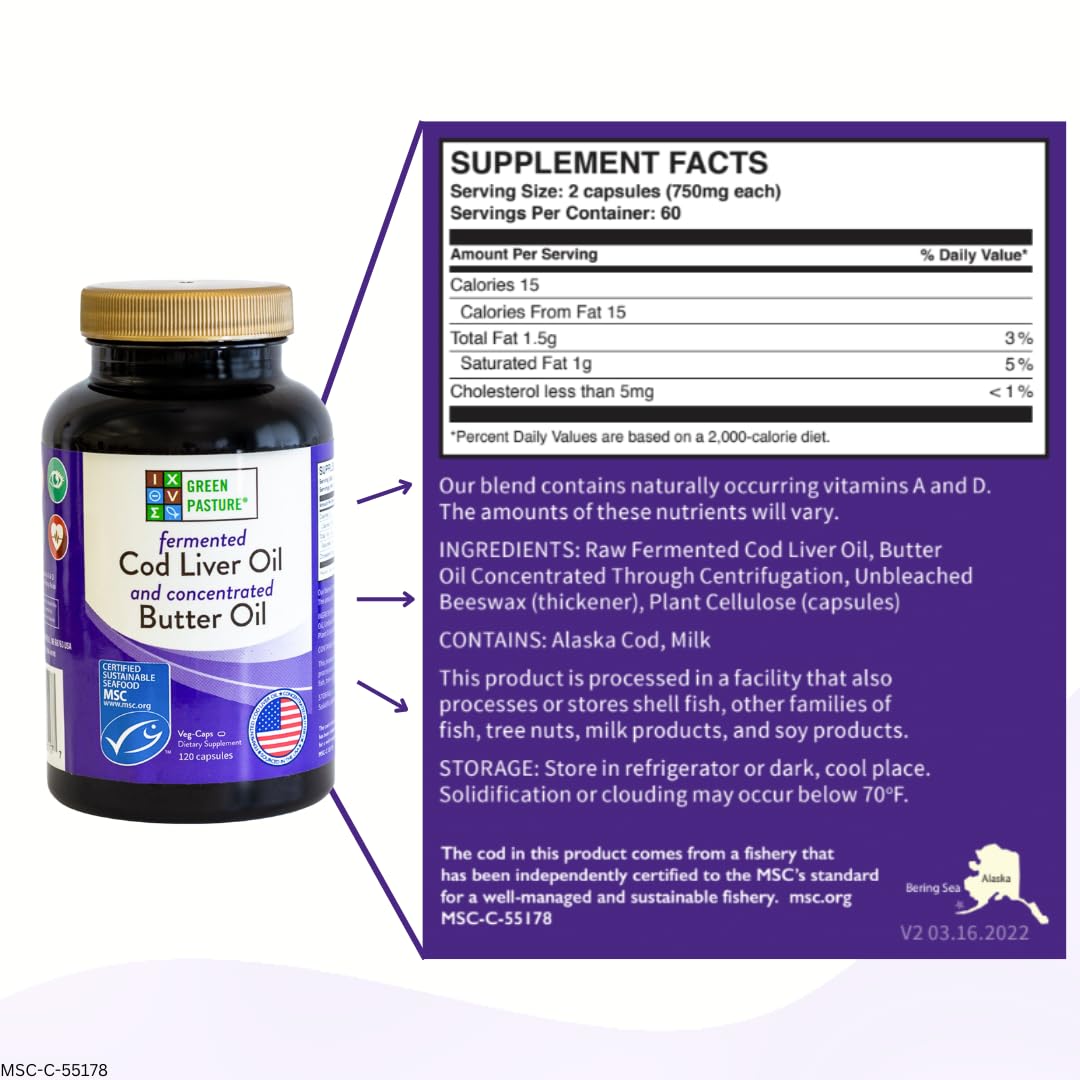 Green Pasture etiqueta nutricional clara con información de vitaminas y omegas