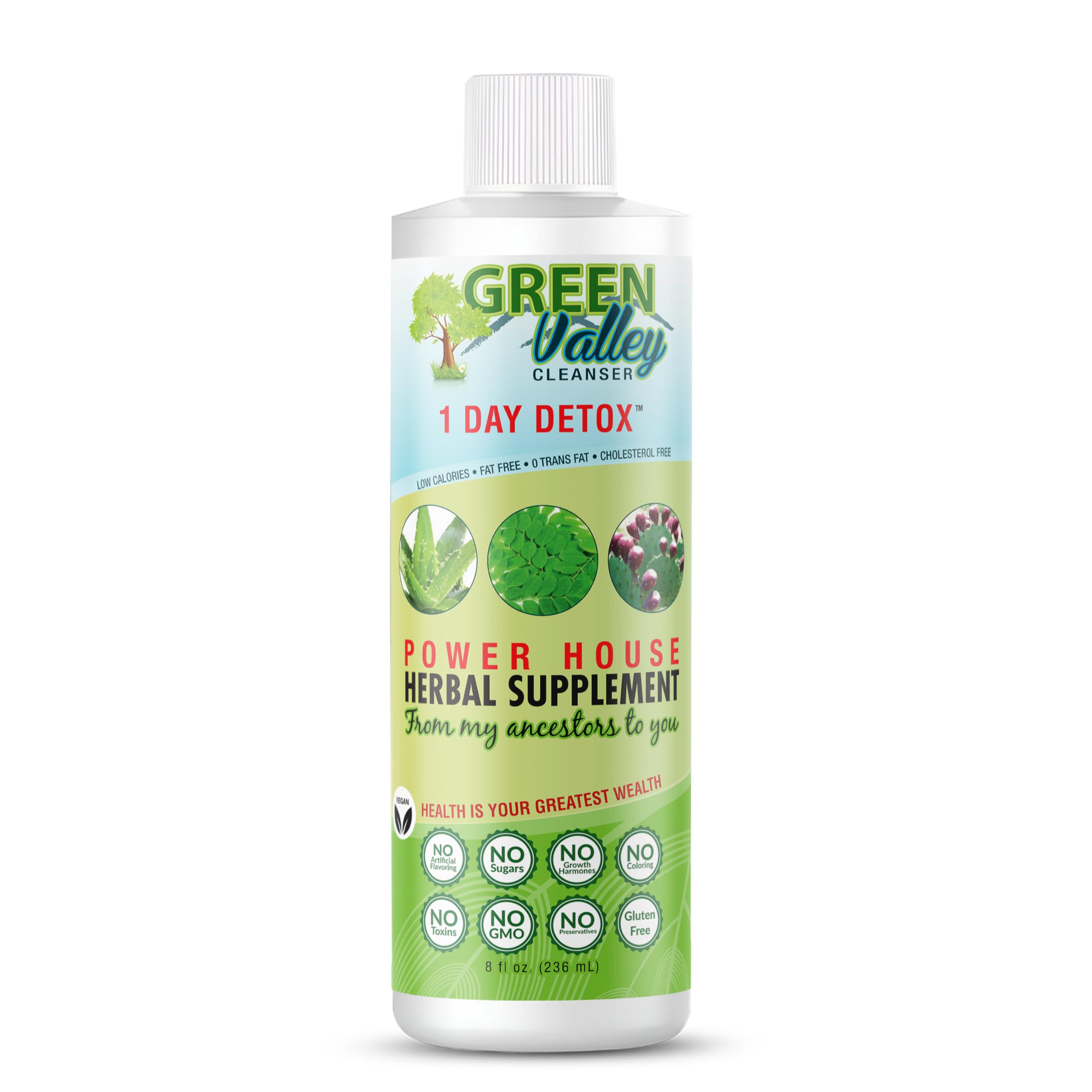 Green Valley Cleanser vista frontal, envase claro que inspira confianza