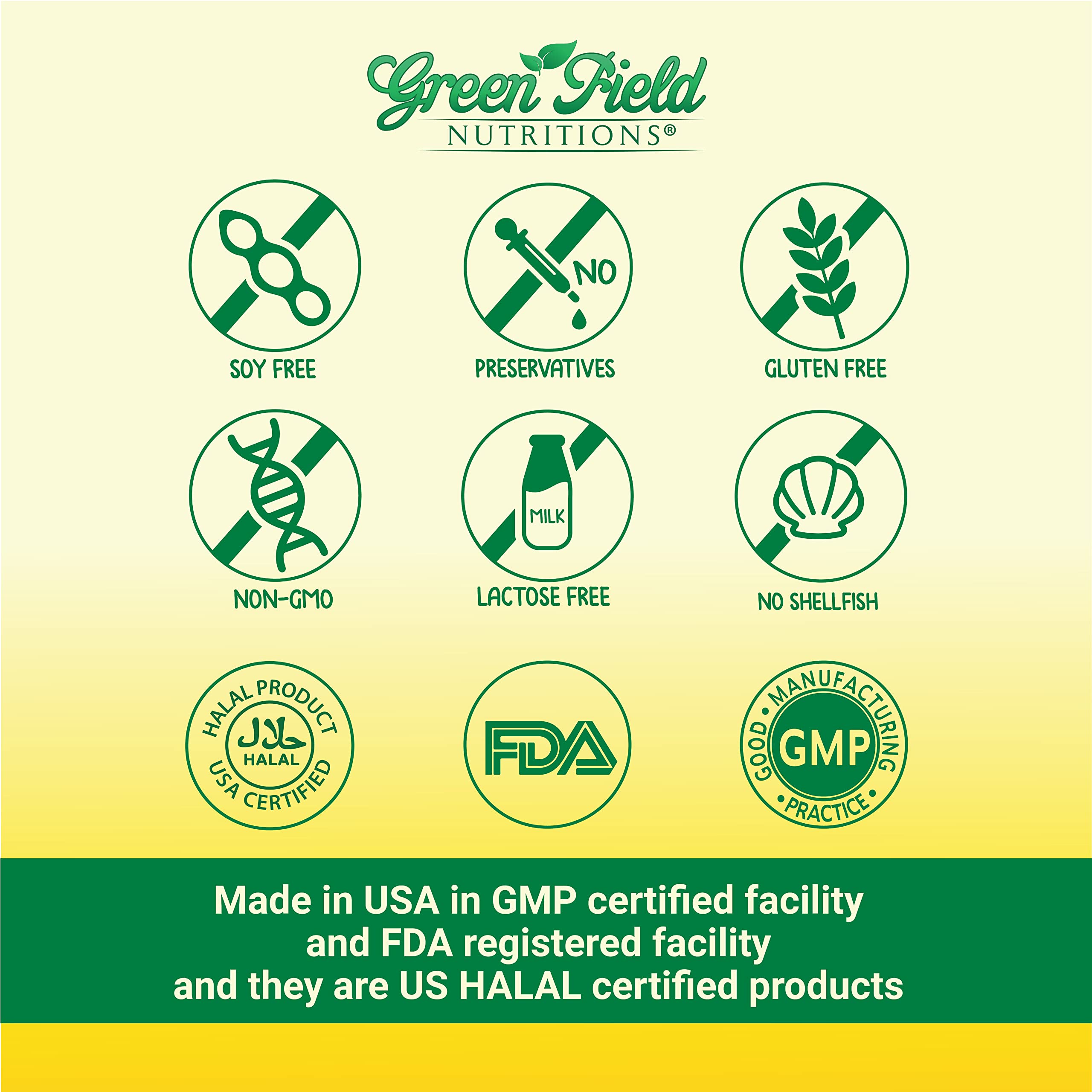 GREEN FIELD NUTRITIONS etiqueta con ingredientes y certificaciones halal para confianza