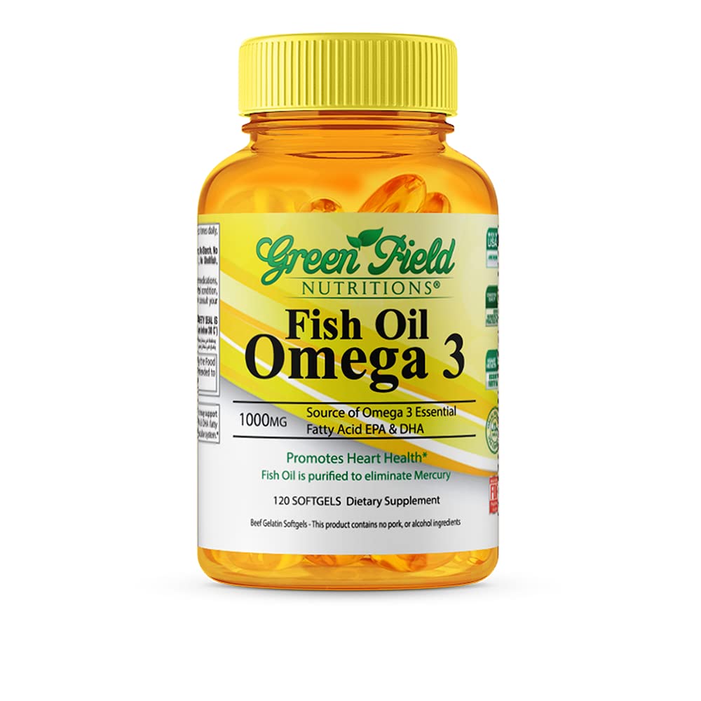 GREEN FIELD NUTRITIONS frasco frontal mostrando etiqueta y beneficio de omega‑3