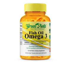 GREEN FIELD NUTRITIONS frasco frontal mostrando etiqueta y beneficio de omega‑3