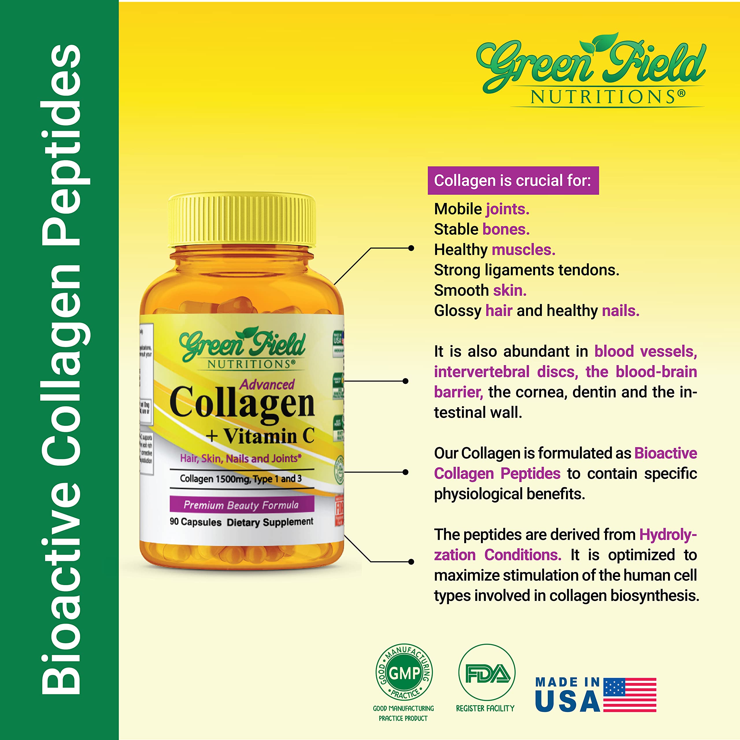 Greenfield Nutritions textura y cápsula cercana destacando formulación hidrolizada