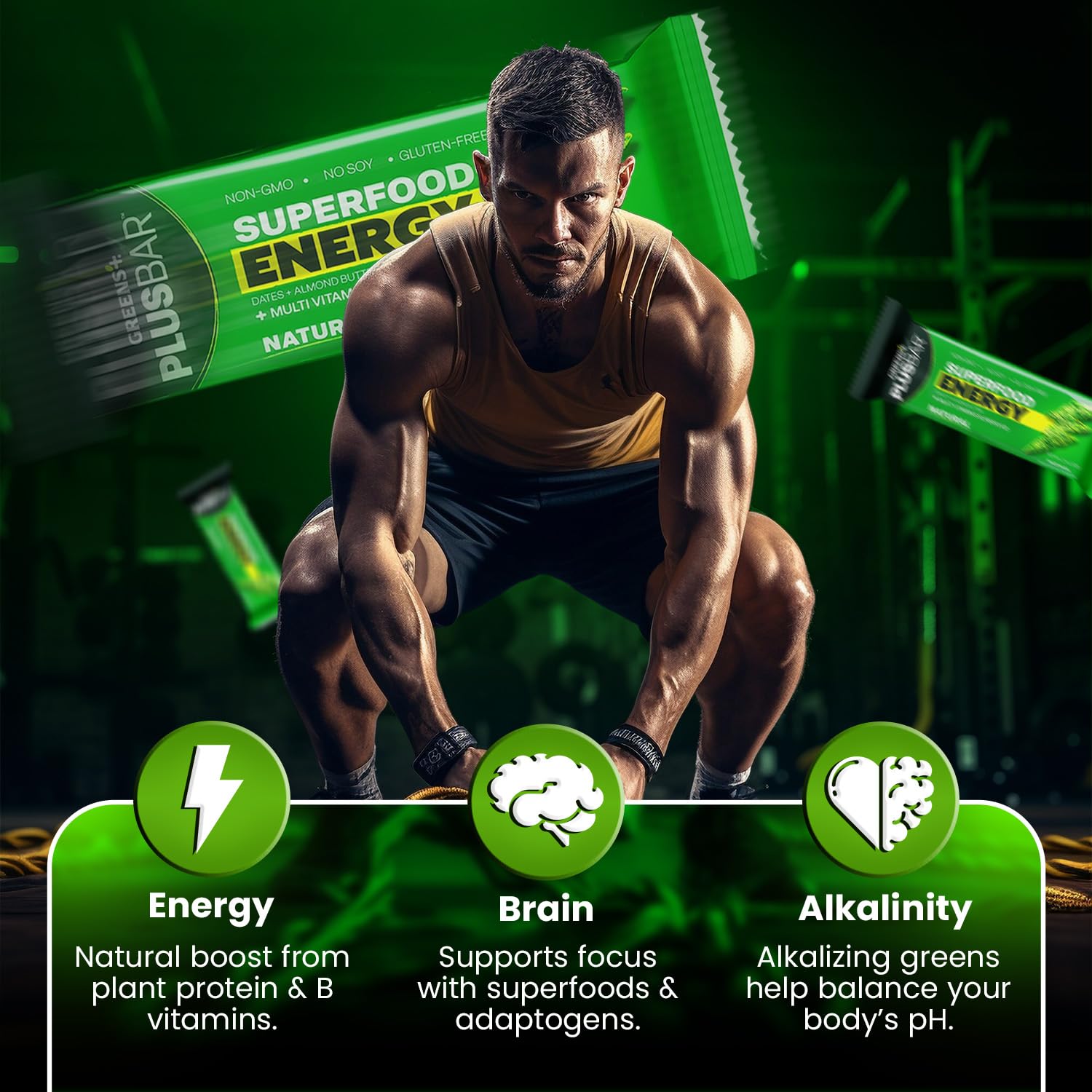 Mano sosteniendo una Greens+ Plusbar para mostrar portabilidad y conveniencia