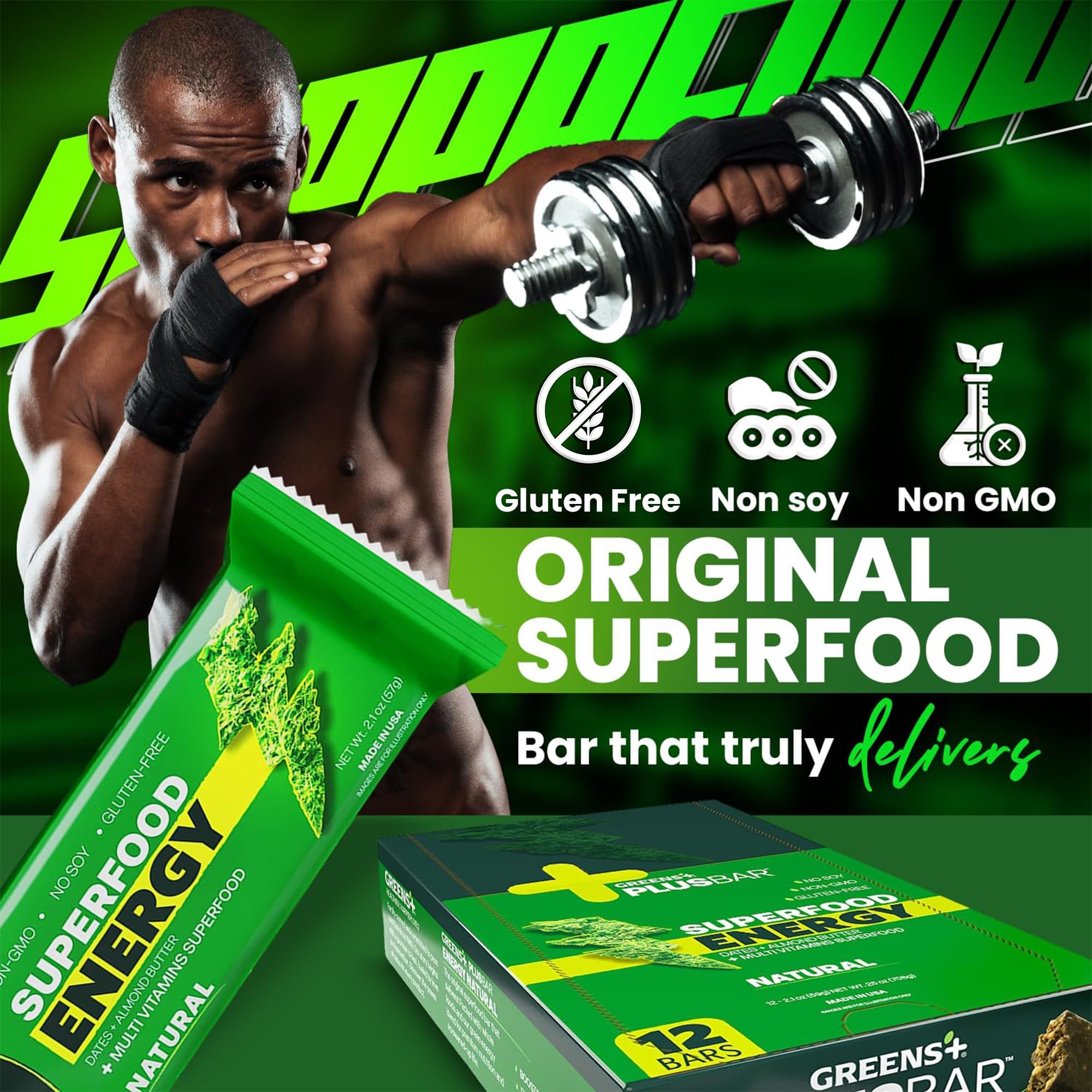 Ingredientes principales de Greens+ Plusbar con proteína de guisante y dátiles