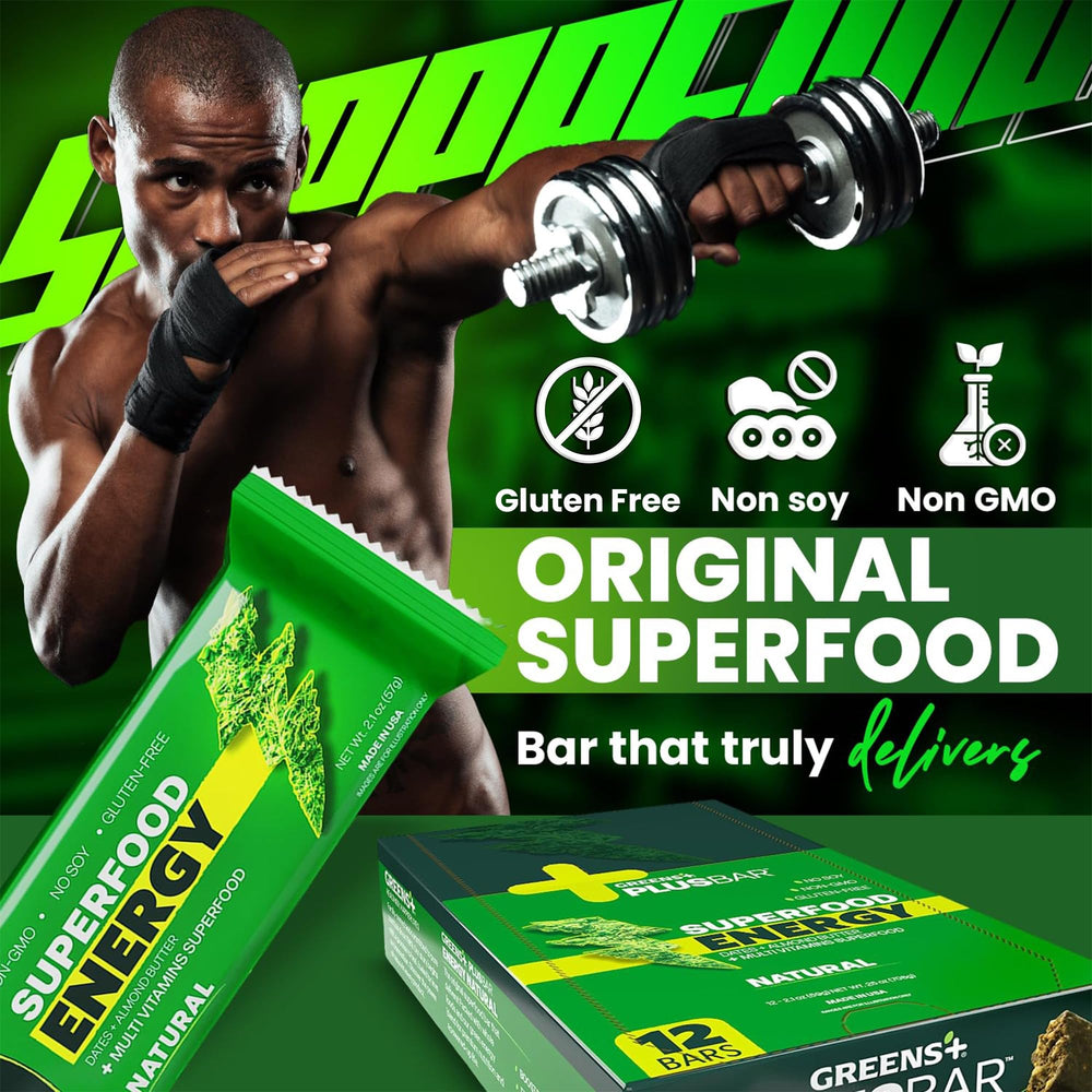 Ingredientes principales de Greens+ Plusbar con proteína de guisante y dátiles