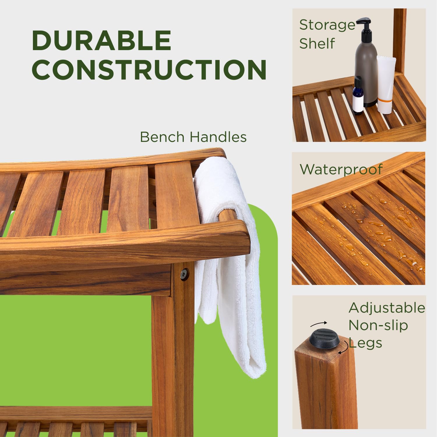 GREENTEAK asiento listonado que permite drenaje rápido y limpieza fácil