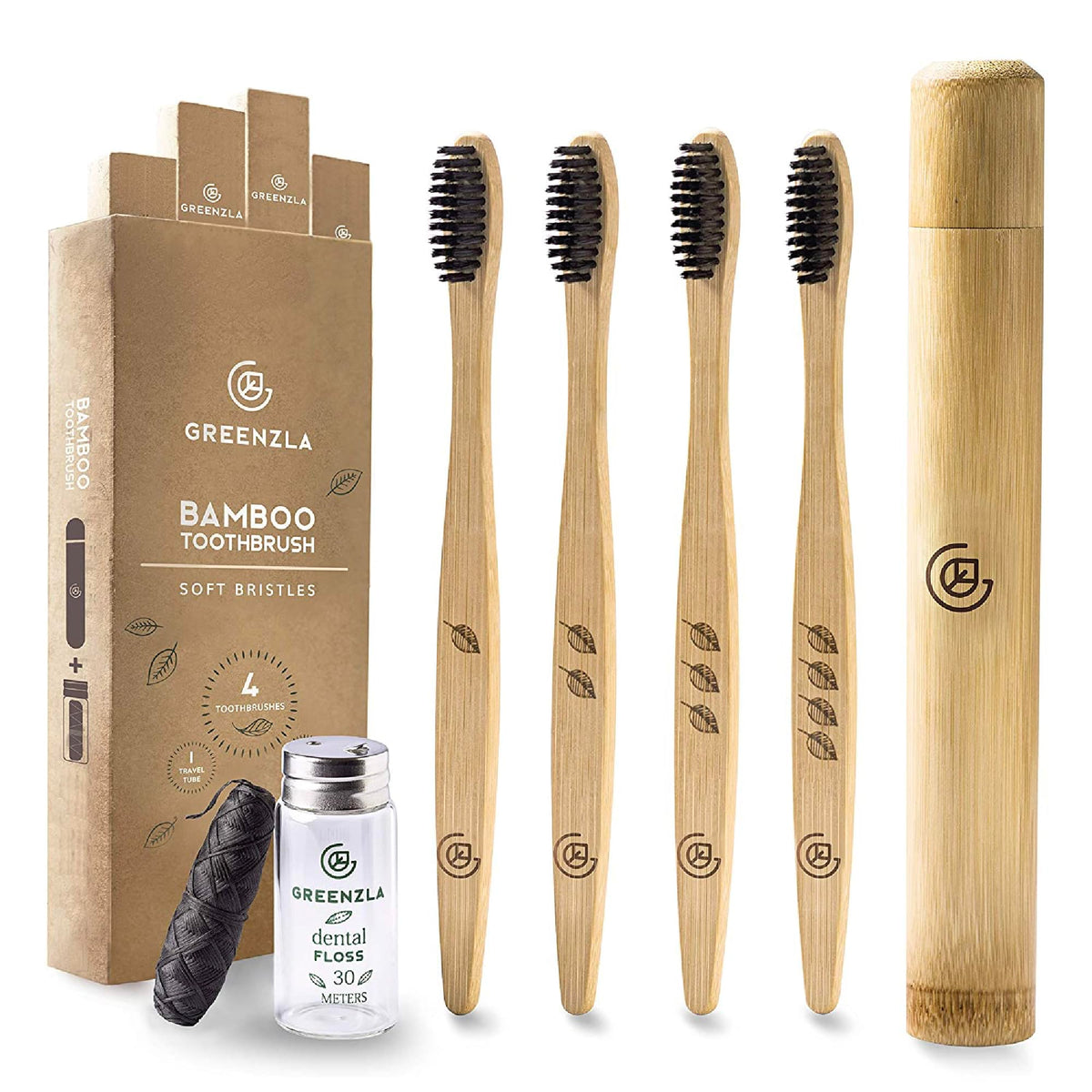 Greenzla pack frontal mostrando cuatro cepillos y estuche, opción ecológica