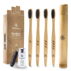 Greenzla pack frontal mostrando cuatro cepillos y estuche, opción ecológica