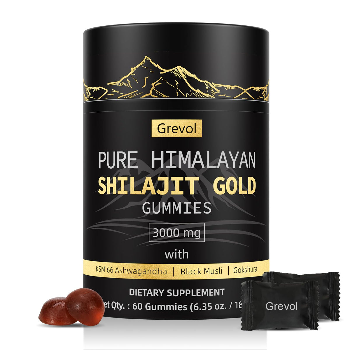 Grevol empaque frontal de gomitas mostrando la marca y sin azúcar