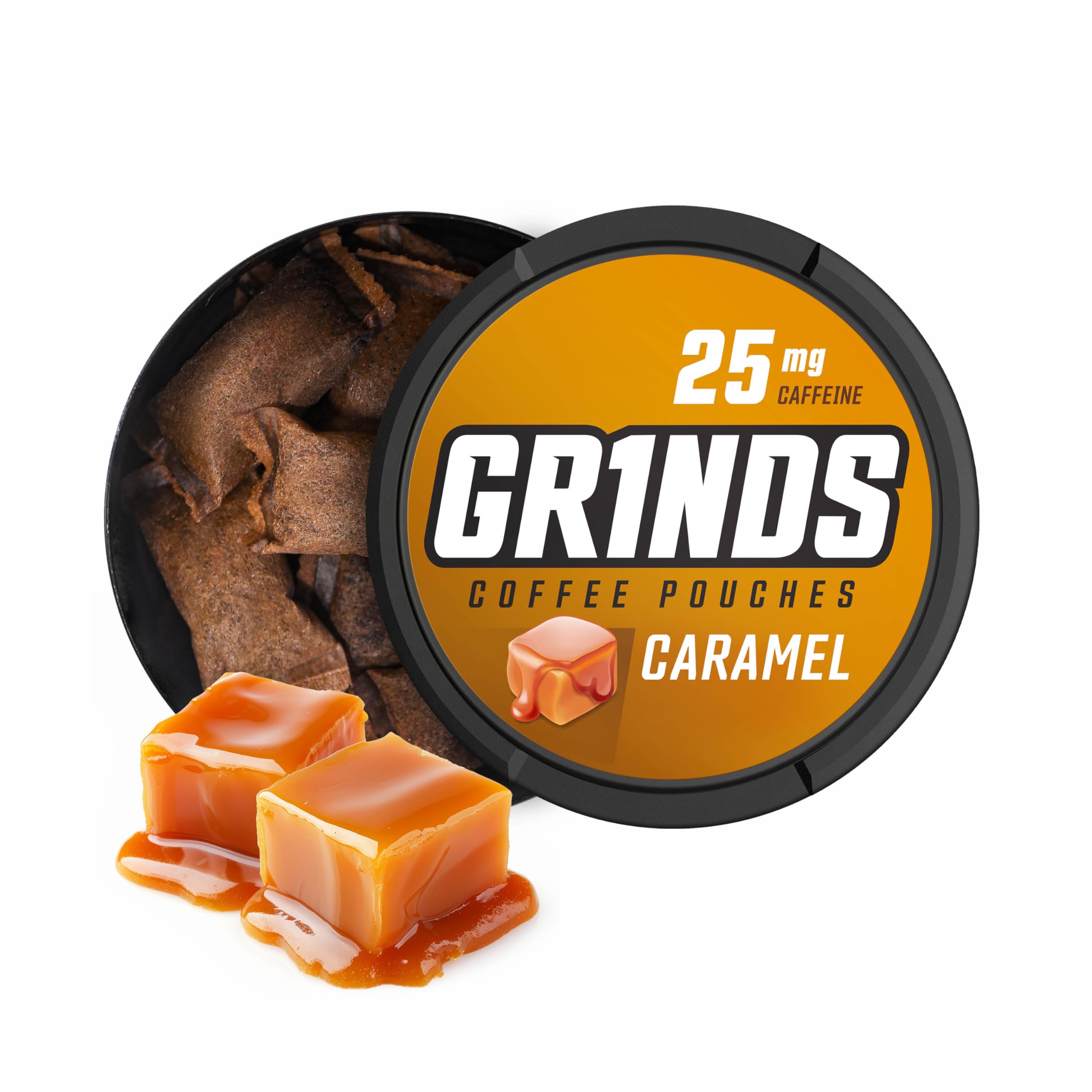 GRINDS frente del envase mostrando pack de 3 latas y sabor caramelo