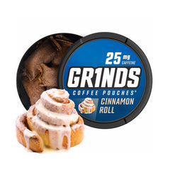 Grinds frontal de la lata mostrando sabor cinnamon roll y atractivo visual