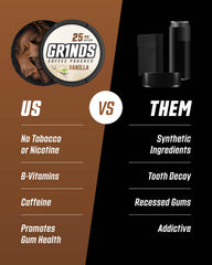 GRINDS lata junto a taza para comparar tamaño y aporte de cafeína