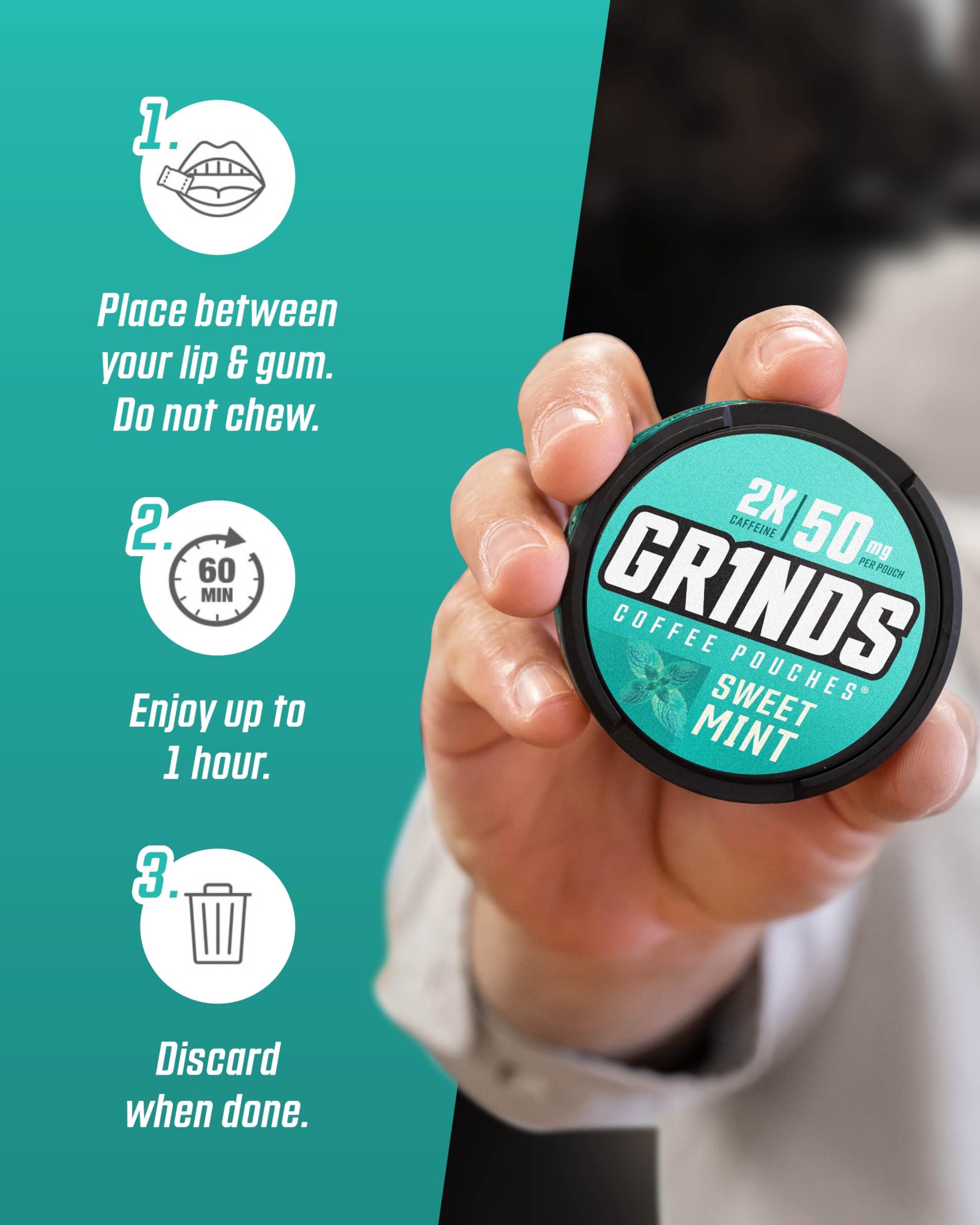 GRINDS comparación de tamaño con taza para referencia de porción