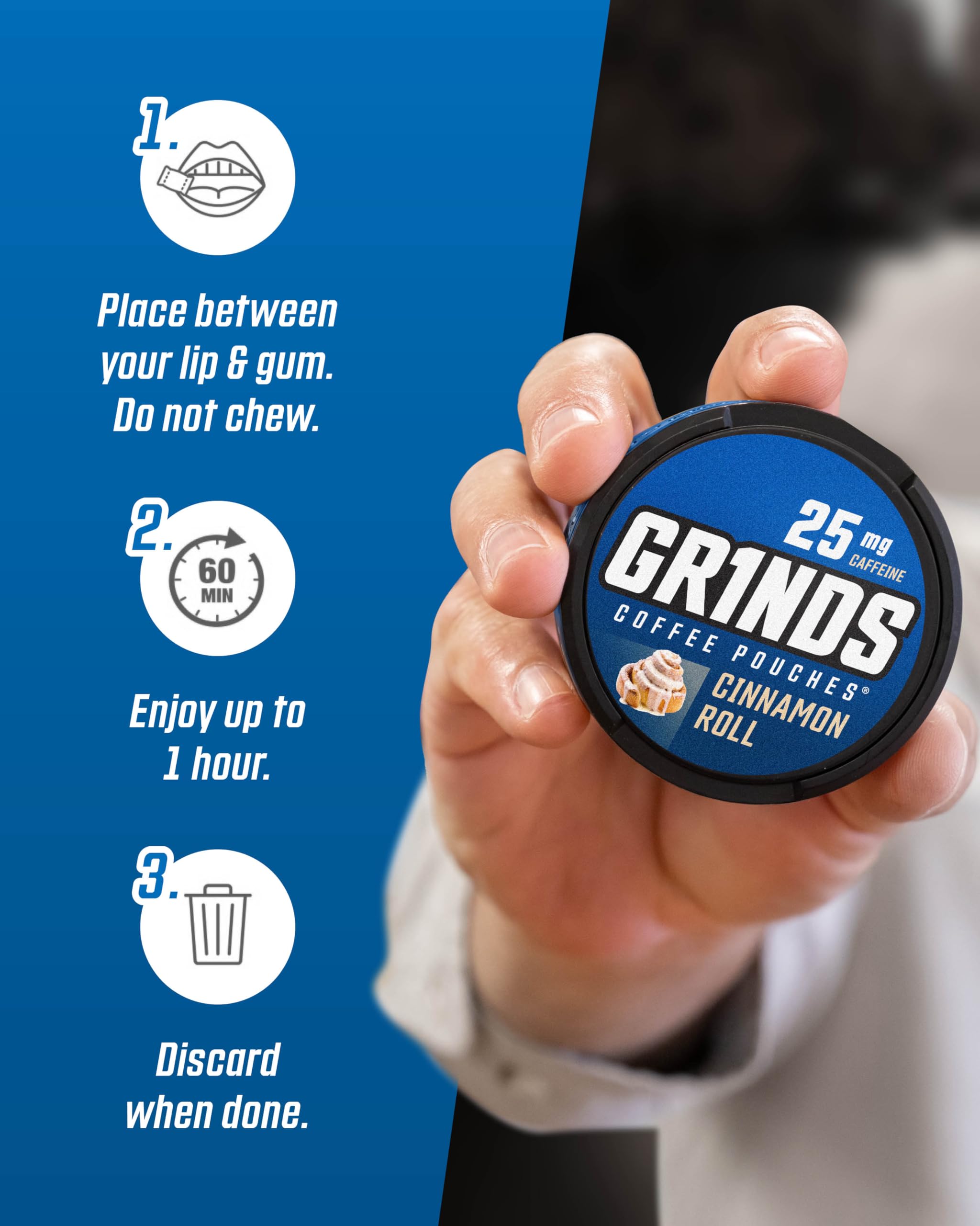 GRINDS mano sujetando lata para ver escala y facilidad de llevar