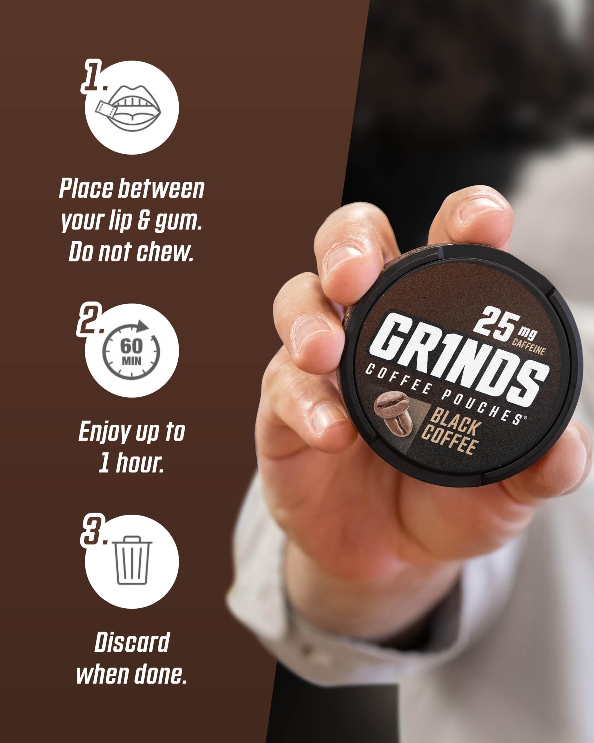 GRINDS pouch en mano para comparar tamaño y conveniencia
