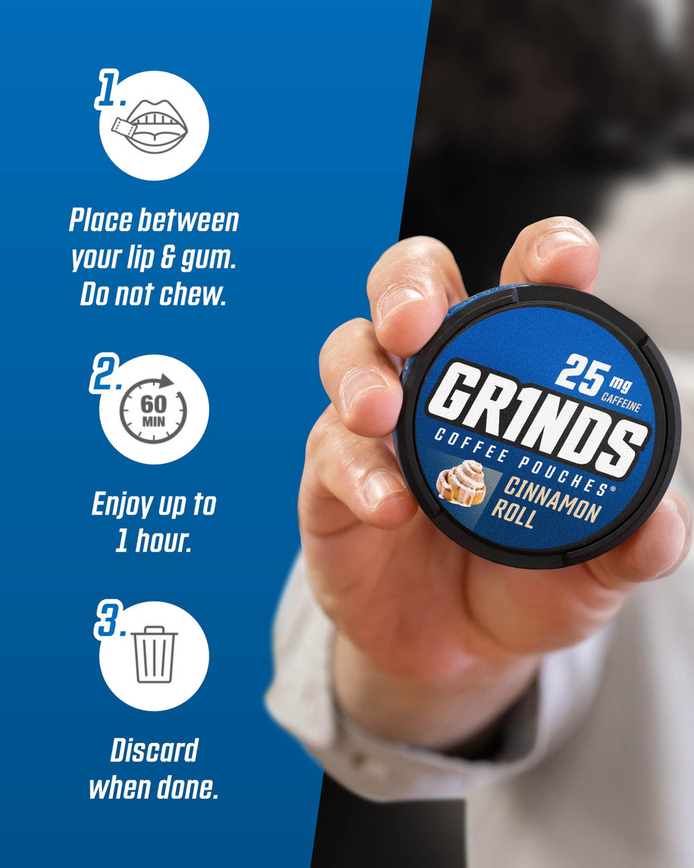 Grinds comparada con una taza para mostrar tamaño y porciones claras