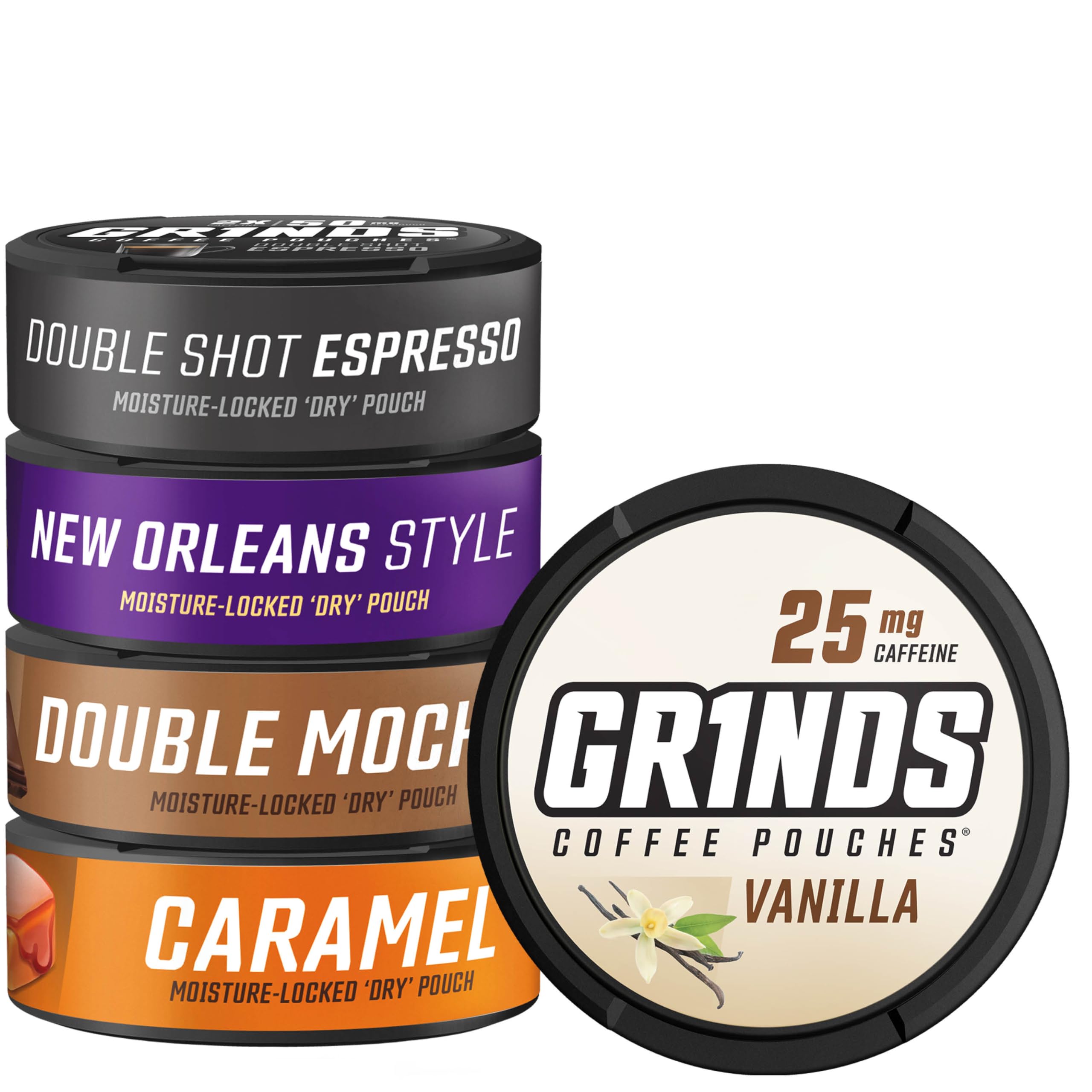 GRINDS frente del pack de cinco latas mostrando variedad y conveniencia