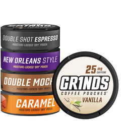 GRINDS frente del pack de cinco latas mostrando variedad y conveniencia