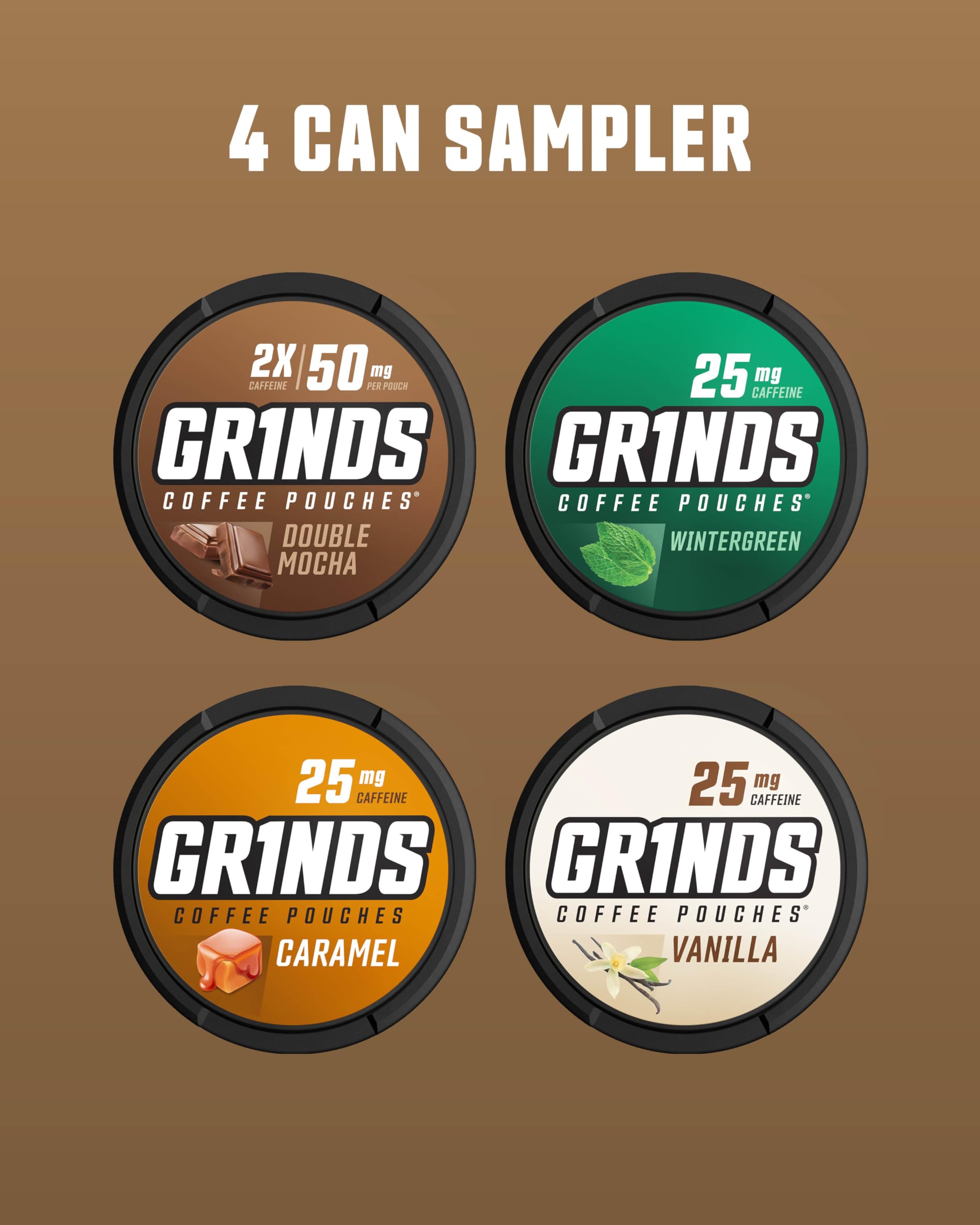 GRINDS lata abierta con 18 bolsitas visibles, lista para usar y conservar el sabor