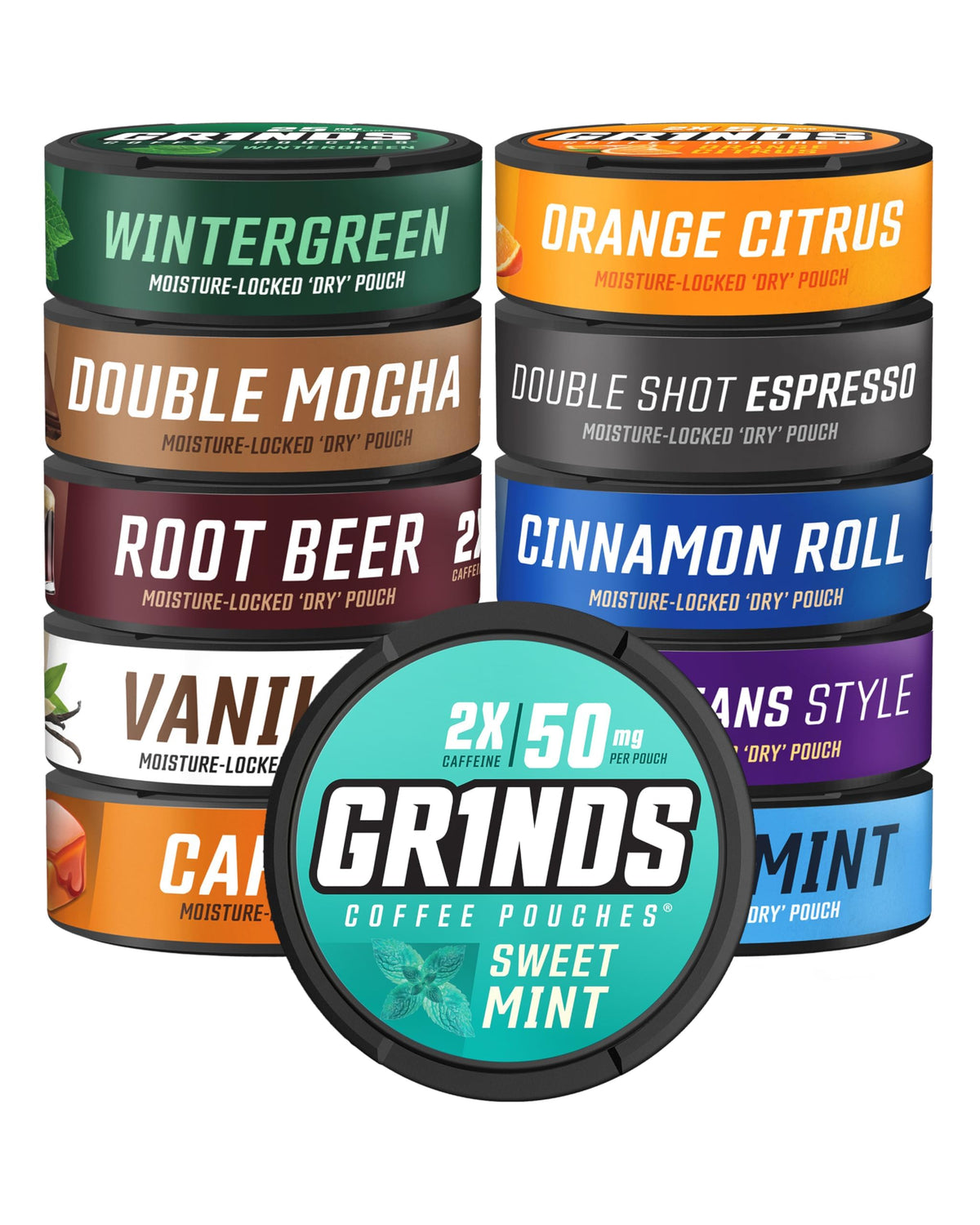 GRINDS lata frontal del pack completo mostrando variedad y conveniencia
