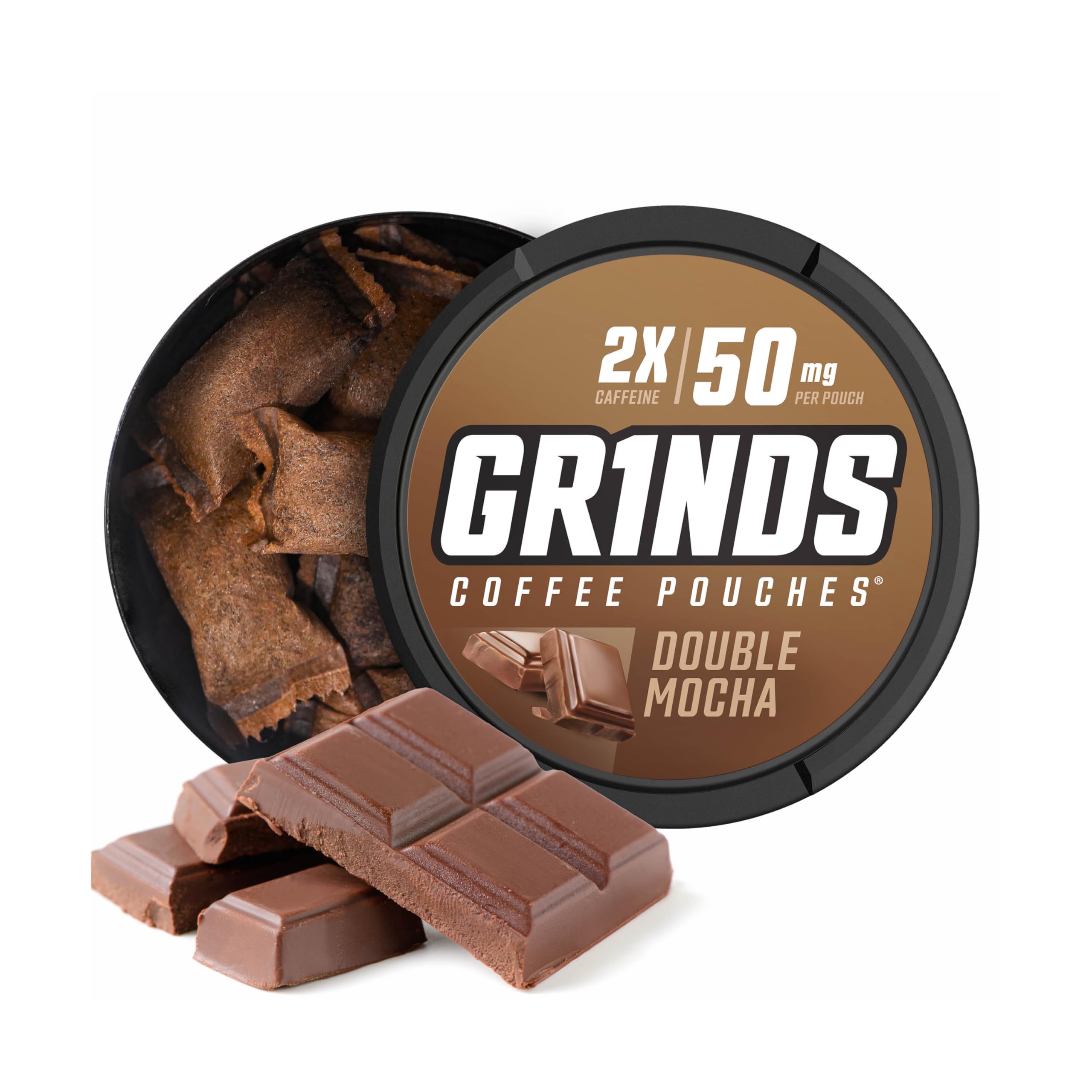 GRINDS lata frontal Doble Mocha mostrando etiqueta y beneficio de intensidad