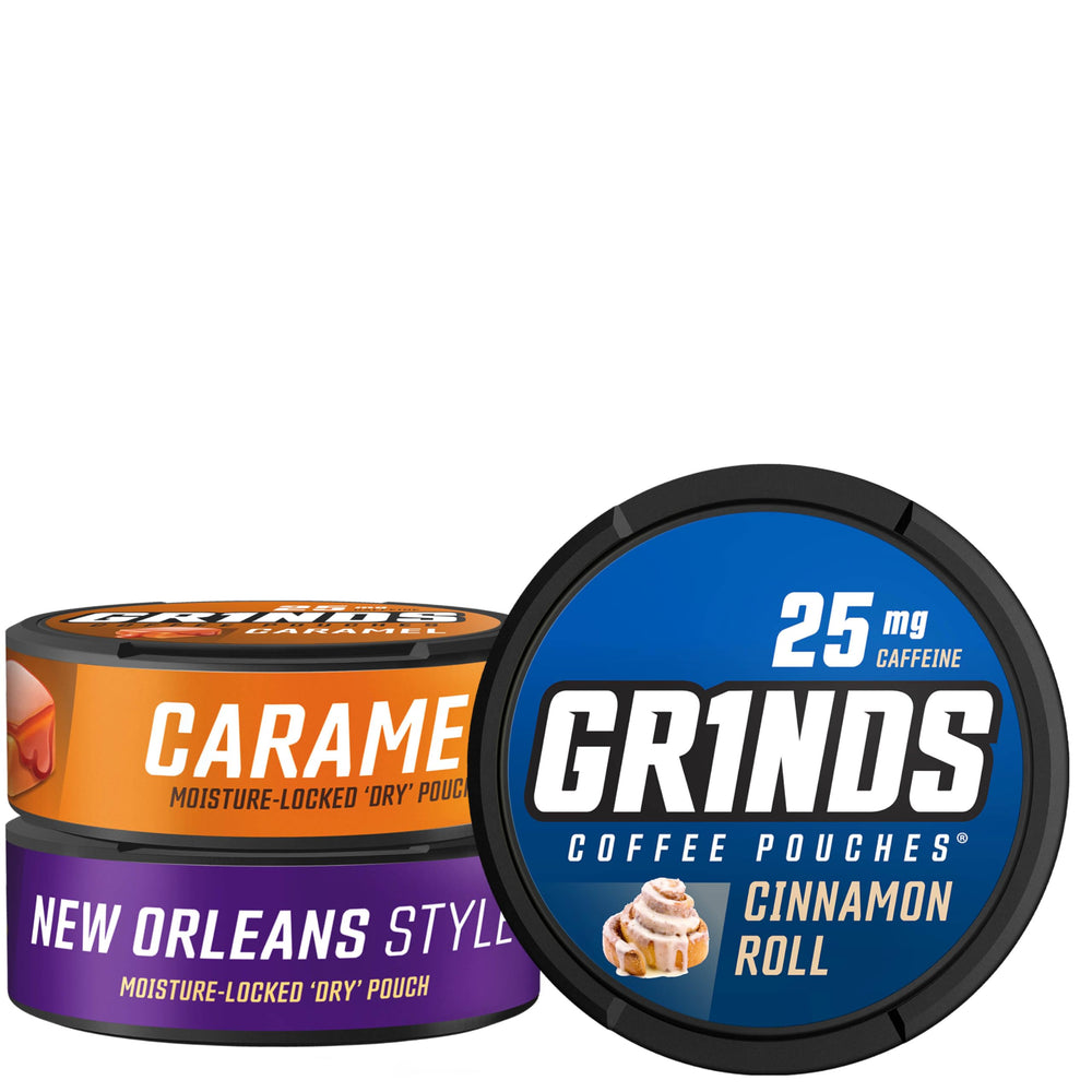 GRINDS lata frontal mostrando los tres sabores y conveniencia portátil