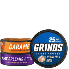 GRINDS lata frontal mostrando los tres sabores y conveniencia portátil