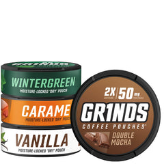 GRINDS empaque frontal del pack muestra mostrando las cuatro latas, práctico y compacto