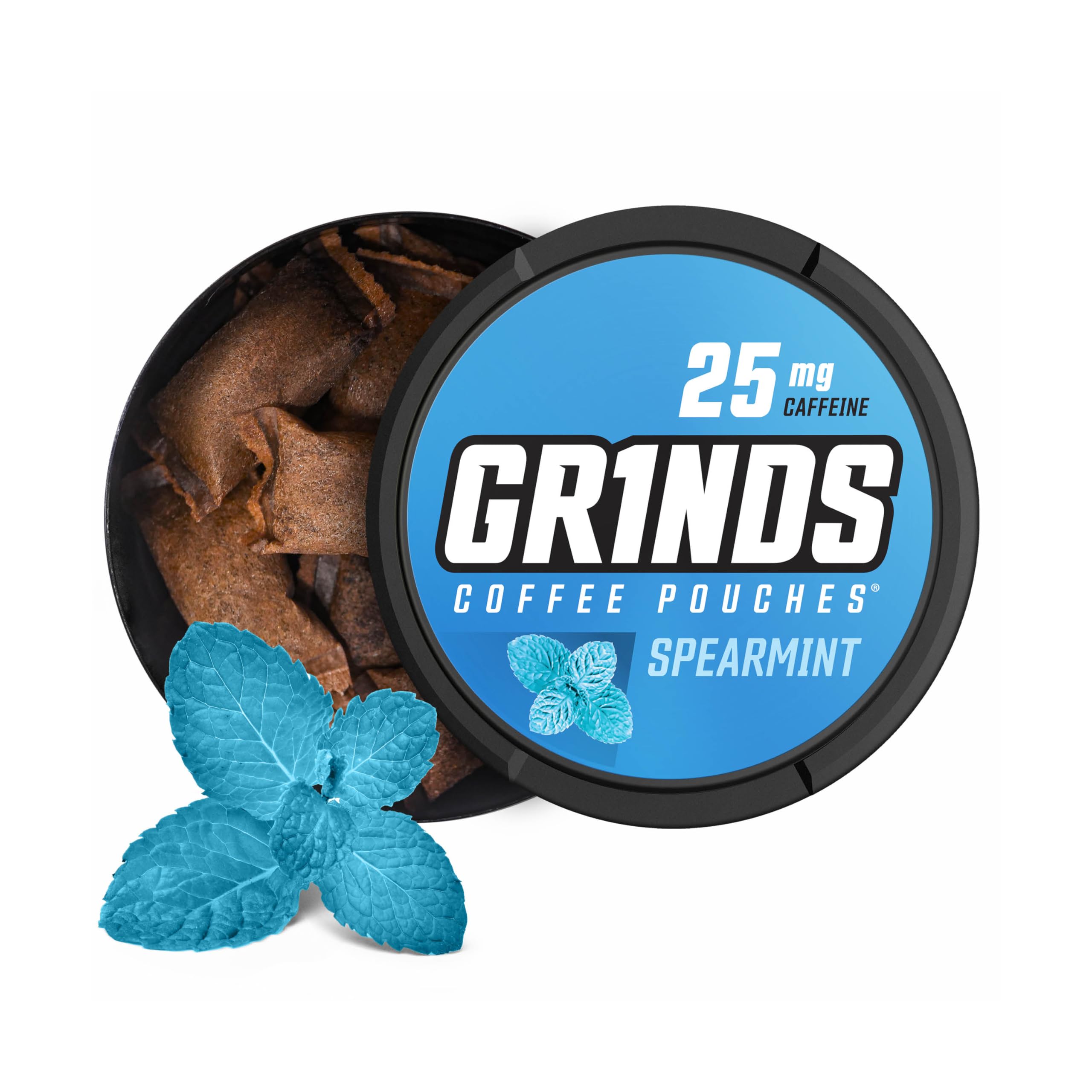 GRINDS frente del empaque mostrando sabor spearmint y conveniencia